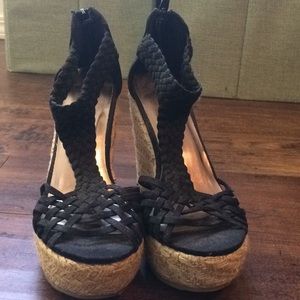 Black, woven wedge sandals